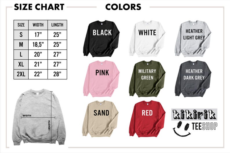Puede incluir: Tabla de tallas con medidas en pulgadas para sudaderas, incluyendo ancho y largo. Opciones de color: negro, blanco, rosa, verde militar, arena, rojo y gris jaspeado. Tambi&eacute;n se ve el logo de la tienda.