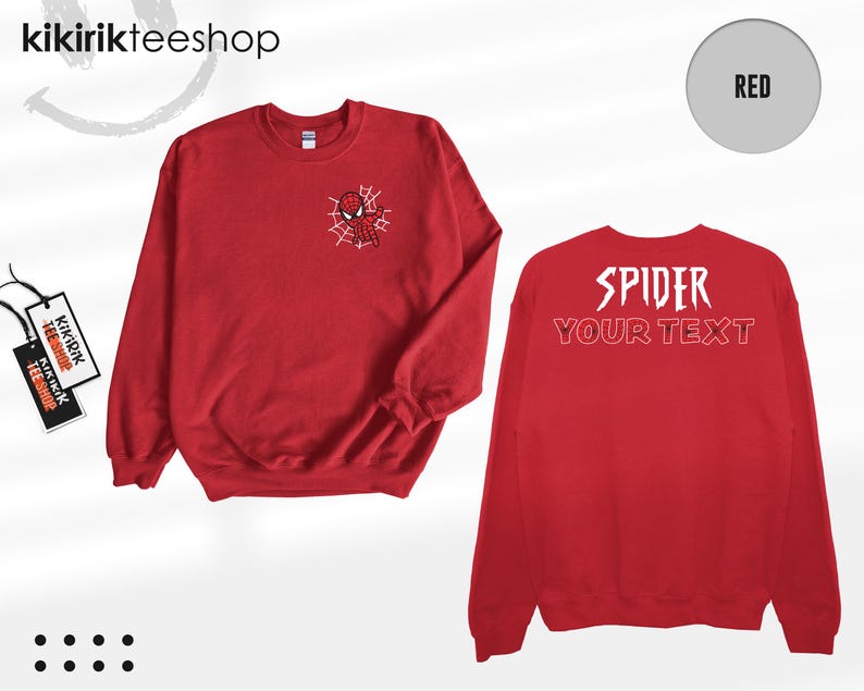 May include: A red long-sleeve sweatshirt featuring a small graphic of a spider-themed character on a web on the left chest. The back displays the white text SPIDER and the outlined text YOUR TEXT. Includes a tag labeled kikirikteeshop.
