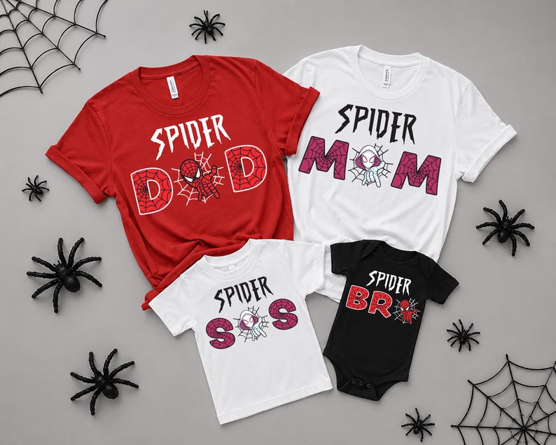 May include: A red t-shirt with Spider Dad text, a white t-shirt with Spider Mom text, a white t-shirt with Spider Sis text, and a black bodysuit with Spider Bro text. Each garment features spider web graphics and cartoon spider characters.