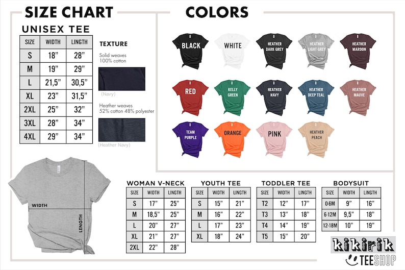 Puede incluir: Tabla de tallas para varios estilos de camisetas, incluyendo unisex, cuello en V de mujer, juvenil, para ni&ntilde;os peque&ntilde;os y body. Las medidas est&aacute;n en pulgadas, con equivalentes en cm. Se muestran opciones de color como negro, blanco y rojo.