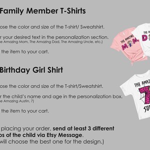 May include: A graphic display showing custom t-shirt options with text reading For Family Member T-Shirts and For Birthday Girl Shirt. Three t-shirts are shown: a pink one with The Amazing Mom, a white one with The Amazing Dad, and a white one with The Amazing 7 Sophia.