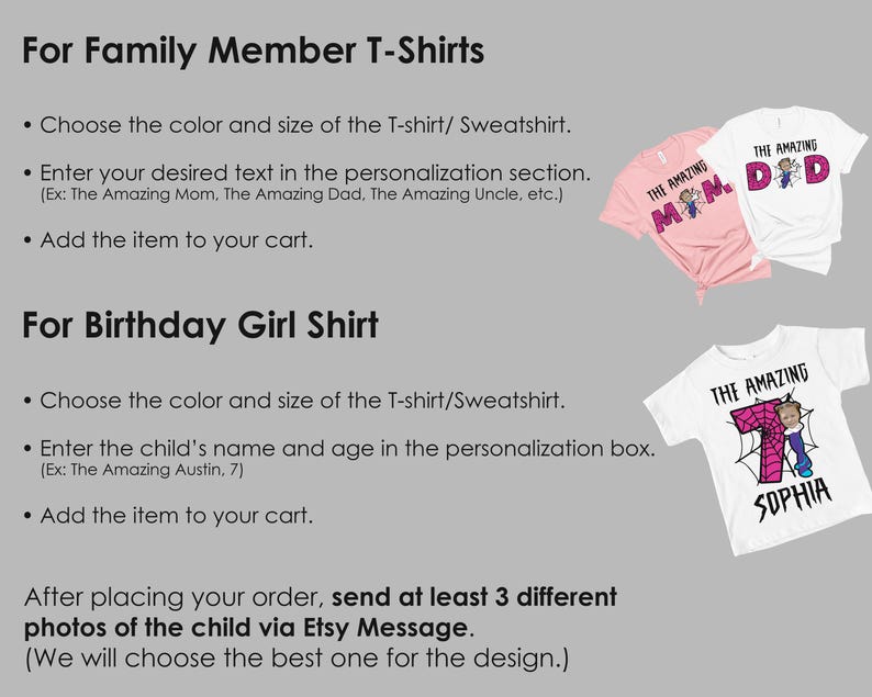 May include: A graphic display showing custom t-shirt options with text reading For Family Member T-Shirts and For Birthday Girl Shirt. Three t-shirts are shown: a pink one with The Amazing Mom, a white one with The Amazing Dad, and a white one with The Amazing 7 Sophia.