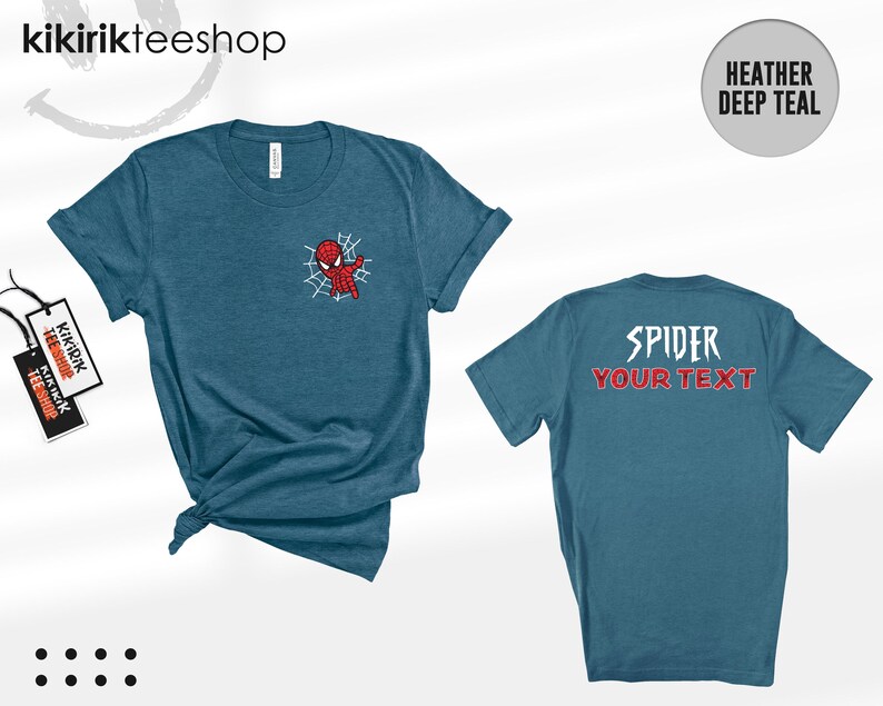 May include: A heather deep teal short-sleeve t-shirt featuring a small Spider-Man graphic on the left chest. The back of the shirt displays the text SPIDER in white and YOUR TEXT in red. The shirt is shown from both front and back views.