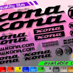 Kona bicycle frame sticker set. high quality, waterproof, do not fade. large selection of colors