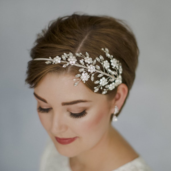 Swarovski crystal flower bridal headband, statement side tiara crystal wedding headband - Etta