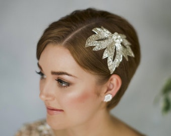 Silver vintage style bridal hair comb, deco beaded leaf wedding comb - Olivia