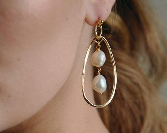 Edie Statement Sculptural Baroque Pearl Earrings Gold/Silver