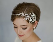 Swarovski crystal flower bridal headband, statement side tiara crystal wedding headband - Etta