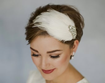 Ivory feather headband, feather wedding headband, 1920s feather headband, feather bridal headband, crystal feather headband - Ava
