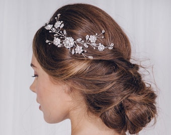Silver Swarovski crystal flower and pearl bridal hair vine comb, wild flower wedding hair vine, wildflower bridal comb - Small Sydney