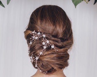 Rose gold mother of pearl flower bridal hair vine, bohemian wedding hair vine, floral bridal hairvine - Evie