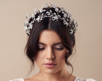 Statement floral Swarovski crown with matching hairpins for a botanical boho luxe wedding - Mabel