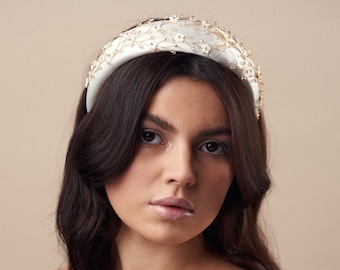 Gold and Ivory Floral Satin Padded Headband For A Romantic Bride - Effie