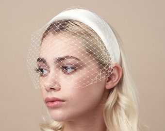 Modern Bride Ivory Padded Headband with Adjustable Birdcage Veil - Esme