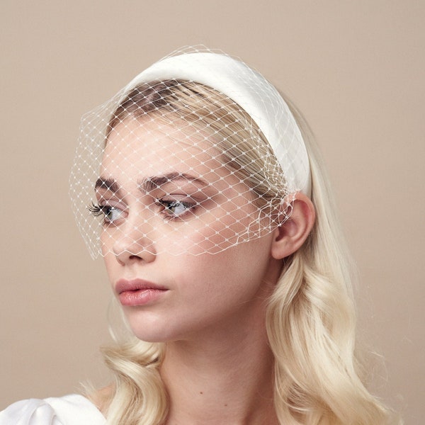 Modern Bride Ivory Padded Headband with Adjustable Birdcage Veil - Esme