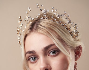 Gold bridal tiara for a modern botanical wedding with a boho luxe edge - the Mabel crown