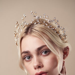 Gold bridal tiara for a modern botanical wedding with a boho luxe edge - the Mabel crown