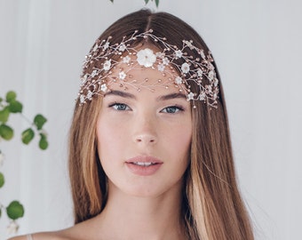 Large statement floral crystal bohemian wedding hair vine - Katya