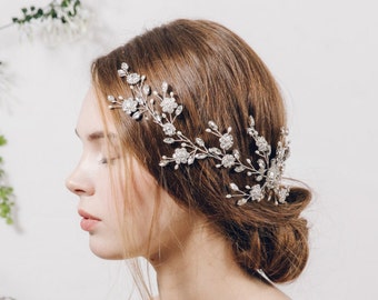 Large statement crystal hair vine, wildflower bridal hair vine, crystal wedding hair vine wreath, Swarovski crystal hair vine - Sybil