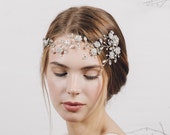 Silver crystal flower wedding hair vine, boho floral bridal hair vine, crystal headband vine, bohemian forehead band hair vine - Scarlett