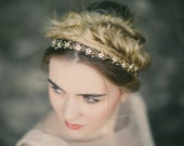 Mother of pearl flower wedding headband, boho silver pearl flower hair vine, gold floral ribbon tie headband hair vine - Isabella