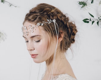 Silver crystal wedding browband, crystal bridal forehead band, crystal flower hair vine - Isadora