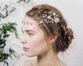 Grecian crystal flower bridal hair vine, silver boho floral wedding hair vine, silver crystal bohemian headband hair vine - Cora