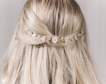 Small pearl flower wedding hair vine, mother of pearl flower bridal hair vine, gold silver or rose gold hair vine - Phoebe