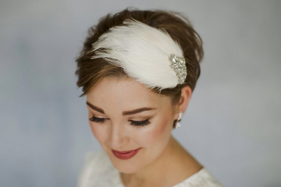 Headband with ivory feathers Bridal Feather Crystal Silk Headband, Ostrich Feather  main image 2