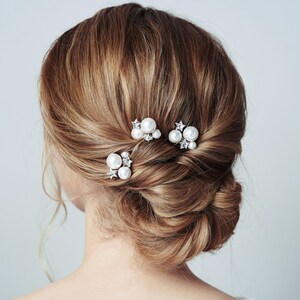 Swarovski crystal star and pearl cluster wedding hair pins, Pearl crystal bridal hair pins, celestial hair pins, Moon and star pins - Astra