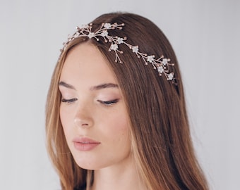 Rose gold and pearl flower wedding hair vine, mother of pearl floral bridal hair vine, Rose gold or silver hair vine - Evie