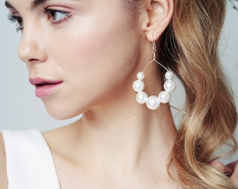 Pearl hoop earrings, Statement Swarovski pearl chandelier earrings, pearl drop wedding earrings - Mona