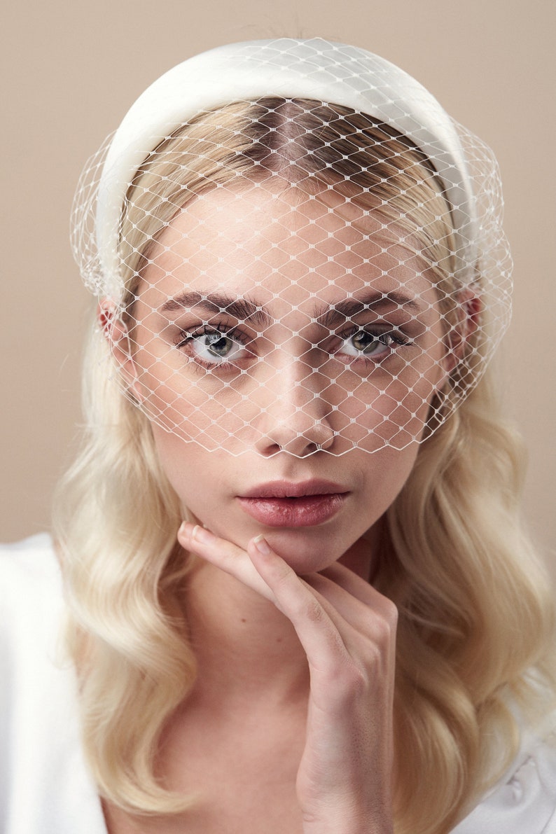 Modern Bride Ivory Padded Headband with Adjustable Birdcage Veil Esme image 2