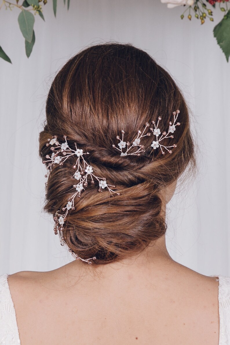 Coralie Rose gold Silver or Gold hair pin trio delicate pearl flower bridal hair pin set Mother of pearl flower wedding hair pins