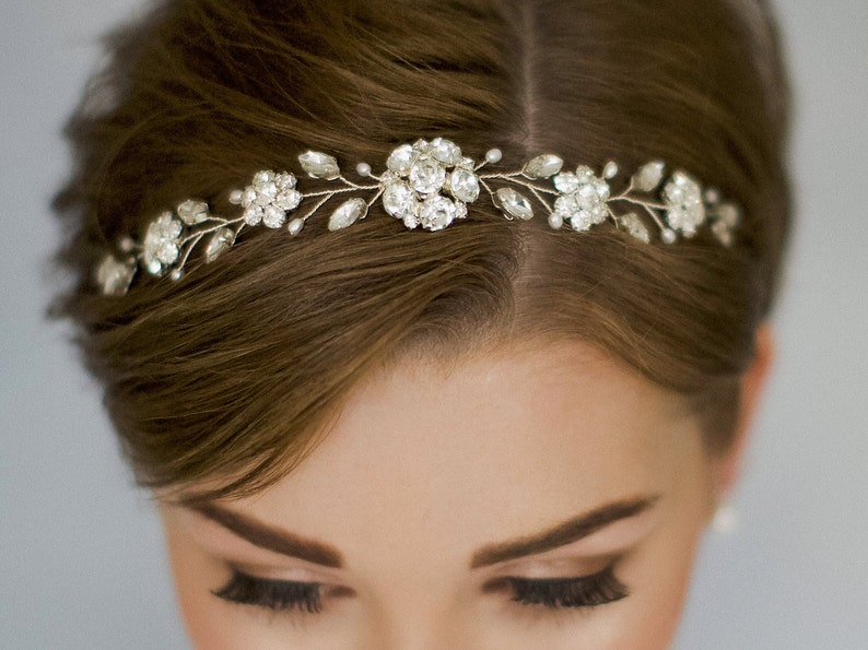 Silver crystal flower and pearl tiara hair vine Estelle image 4