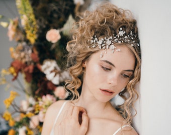 Swarovski crystal flower bridal hair vine, silver crystal and pearl wedding hair vine - Stella