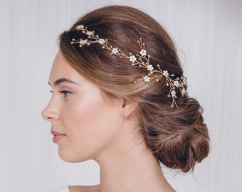 Gold mother of pearl flower wedding hair vine, gold floral pearl bridal hair vine, long gold flower hair vine - Evie