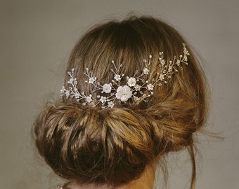 Mother of Pearl statement wedding hair vine, pearl flower bridal hair vine, long gold hair vine, silver hair vine wreath  - Sylvie