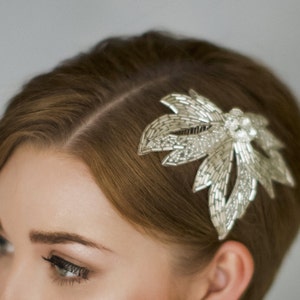 Silver vintage style bridal hair comb, deco beaded leaf wedding comb Olivia image 3