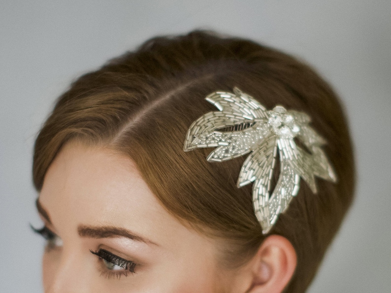 Silver vintage style bridal hair comb, deco beaded leaf wedding comb Olivia image 3