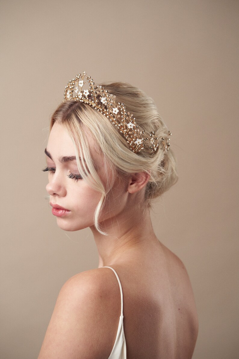 Antique gold floral wedding crown with optional matching hairpins Coraline image 4