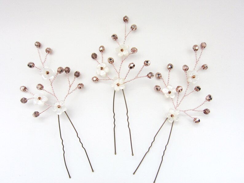 Coralie Rose gold Silver or Gold hair pin trio delicate pearl flower bridal hair pin set Mother of pearl flower wedding hair pins