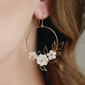 Flora Eco-Friendly Ivory Floral Hoop Earrings - Gold or Silver Plated