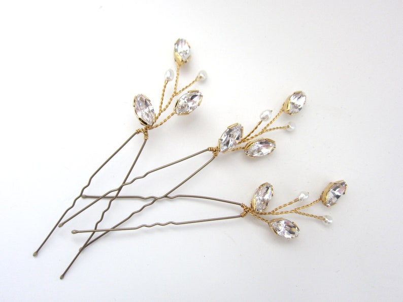 Swarovski crystal and pearl small bridal hairpins, delicate crystal wedding hair pins, silver gold or rose gold crystal hairpin set India image 9