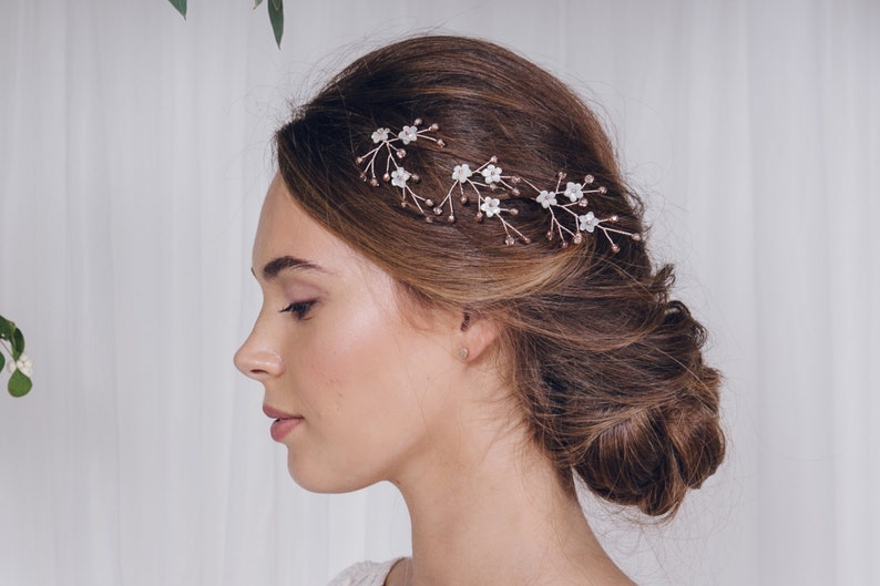 Coralie Rose gold Silver or Gold hair pin trio delicate pearl flower bridal hair pin set Mother of pearl flower wedding hair pins