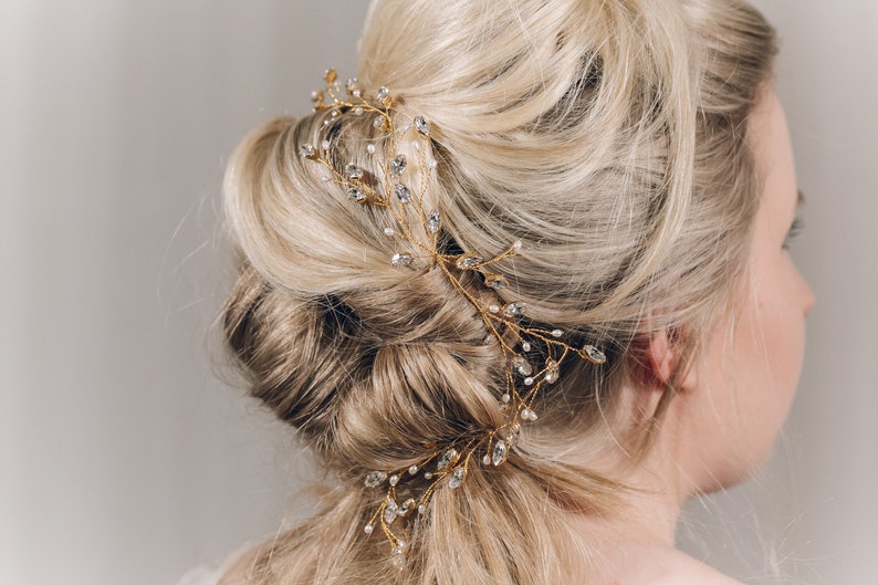 Swarovski crystal and freshwater pearl bridal hair vine, long wedding hair vine in gold silver or rose gold India 'Y' hair vine image 8