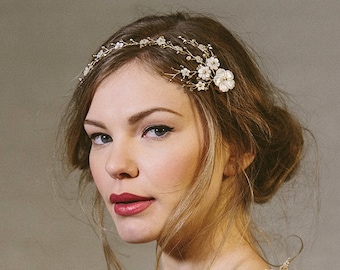 Peine de vid de pelo de novia de flor de perla de oro, peine de boda de oro de nácar, peine de novia de flor de perla de oro - Astrid