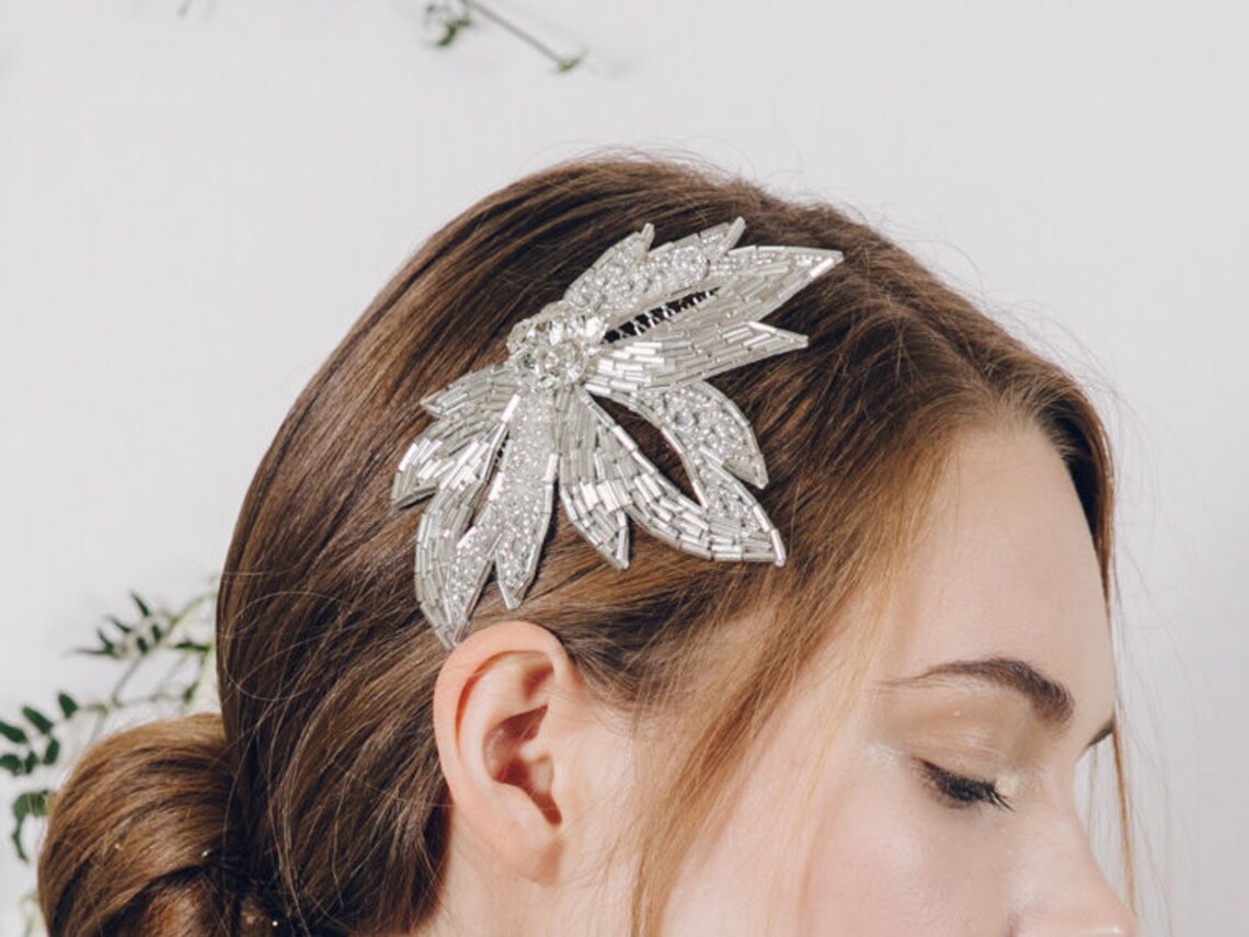 Silver vintage style bridal hair comb deco beaded leaf | Etsy