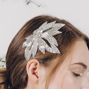 Silver vintage style bridal hair comb, deco beaded leaf wedding comb Olivia image 5