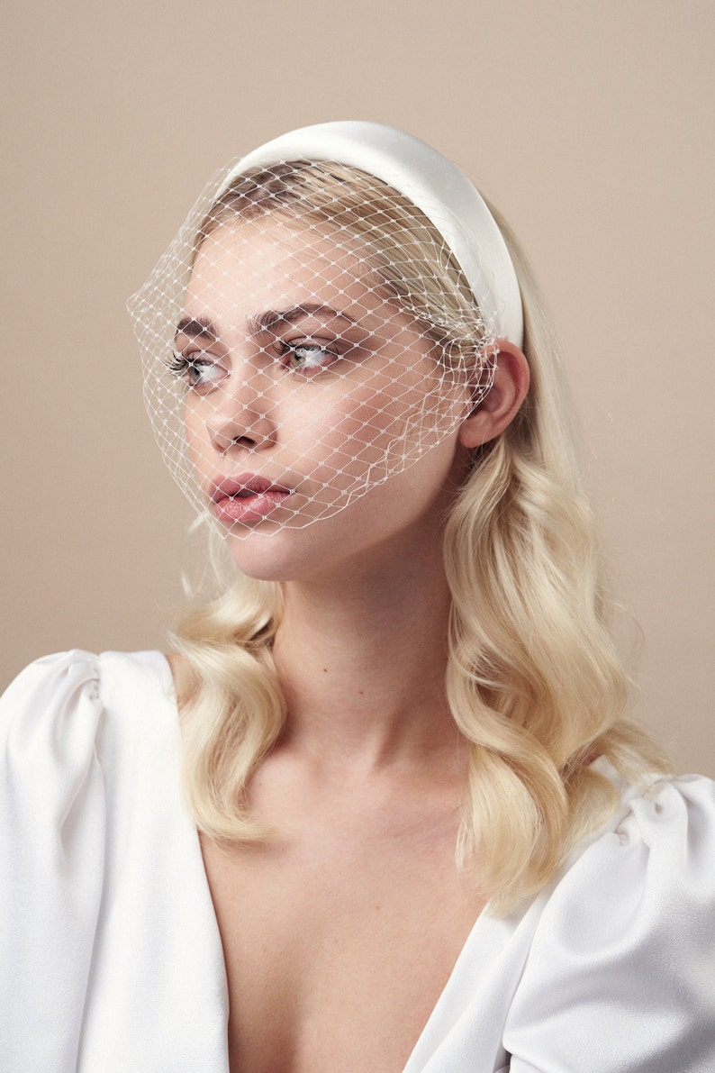 Modern Bride Ivory Padded Headband with Adjustable Birdcage Veil Esme image 4